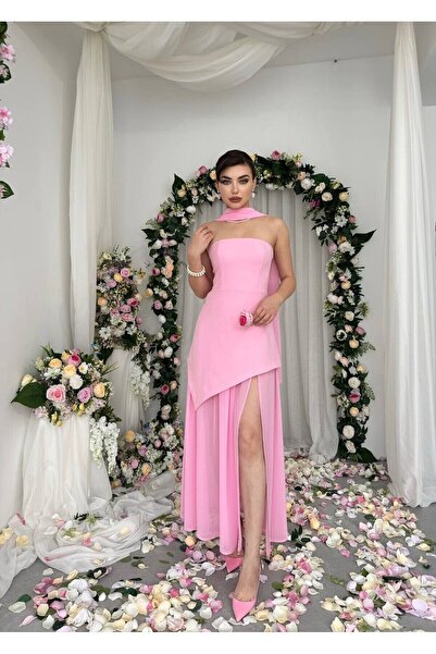 Caddebostan Moda Shawl Detailed Strapless Slit Evening Dress