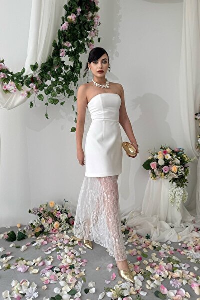 Caddebostan Moda Strapless Collar Lace Detailed Midi Evening Dress