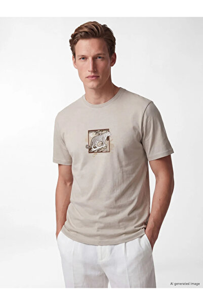 LC Waikiki Beige Crew Neck Printed Men's Combed Cotton T-Shirt