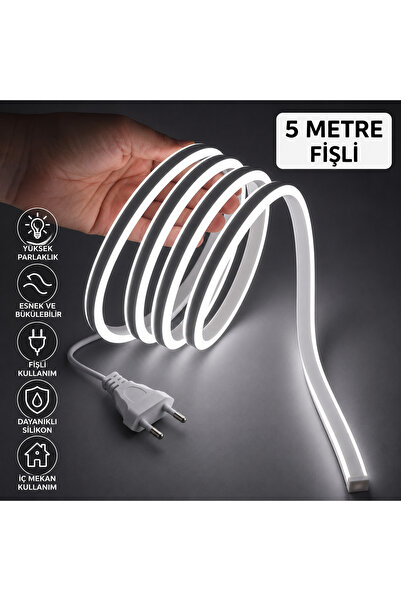 Genel Markalar 5 Metre Fişli Neon LED Şerit Işık – Beyaz Esnek Silikon Dekora...