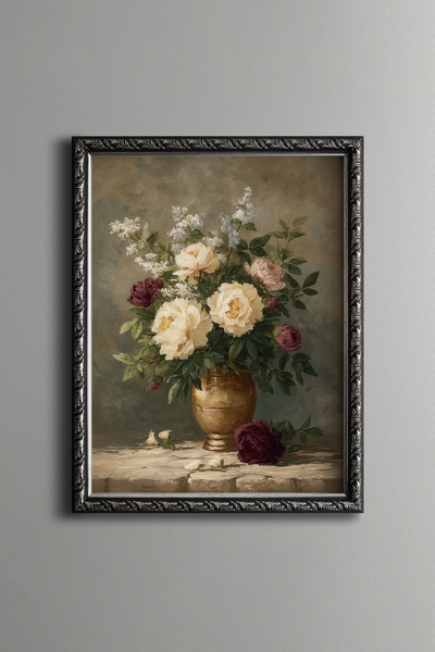 epiqart Peony and White Flower Bouquet - Vintage Patterned Frame - Slim Model