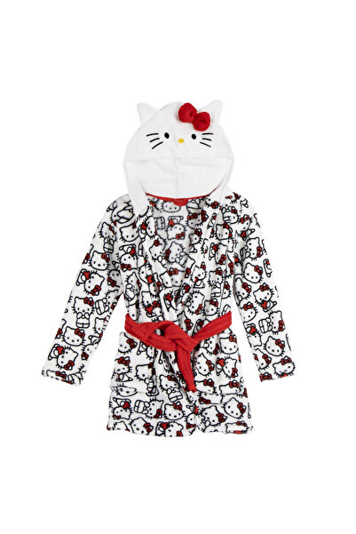 Hello Kitty Λευκό μπουρνούζι από κοραλλένια φλις με κουκούλα και αυτιά