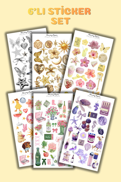 Flowery Paper 6'lı Renkli Sticker sayfası , Defter,ajanda ,journal,scrapbook,...