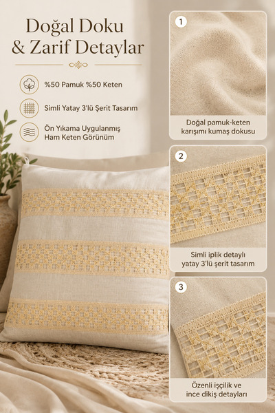 Morlay Naturel Keten Püsküllü Kırlent Kılıfı Bohem Rustik Vintage Salon Dekoru Dekoratif Kırlent Kılıfı