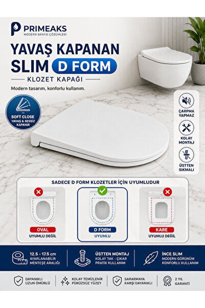 Primeaks Yavaş Kapanan Slim D Form Klozet Kapağı | Üstten Sıkmalı | Soft Clos...