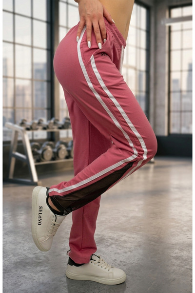 ILG Dusty Pink Joggers with White Side Stripes & Black Mesh Inserts – Slim Fi...