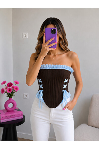 Ekim Store Kahverengi Korseli Mavi Bağcıklı Büstiyer Bluz
