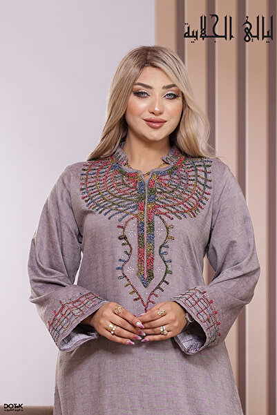 Lyaly aljlabyh Luxe Linen Jalabiya Mandarin Collar — Embroidered Royal Wing P...