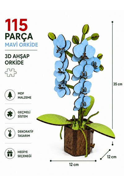 ALGWOOD Mavi Orkide 3D Ahşap Maket – Renkli MDF, 115 Parça Geçmeli Sistem Dek...