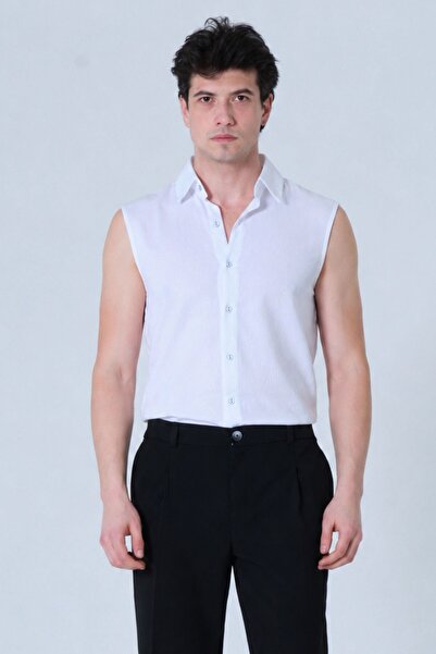 RELAXL Yazlık Kolsuz Erkek Beyaz Gömlek %100 Pamuk Hafif Kumaş 2XS-10XL