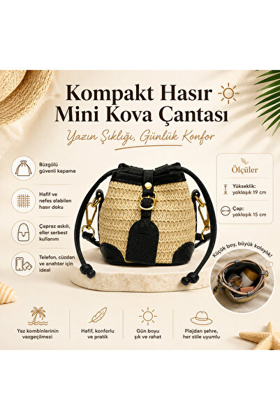 Sargınlar Kadınlar için Hasır Çantalar - İpli Mini Örgü Kova Çanta - Yaz Çapr...