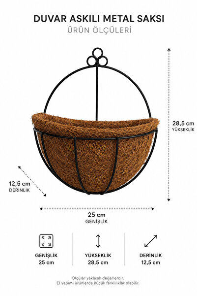 Binbirreyon Ferforje Gövdeli Muz Lifi Astarlı Duvar Saksısı Coconut Çelik Saksı 25cm AH509
