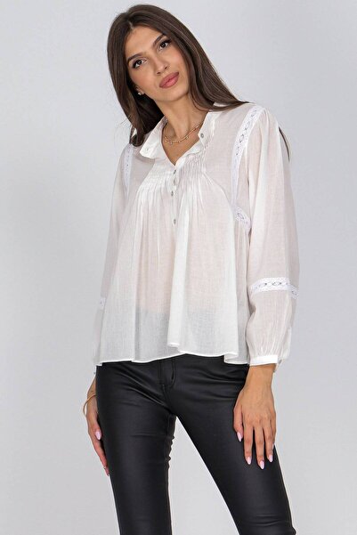 ROHBOUTIQUE Bluză din bumbac stil babydoll, crem, cu detaliu din dantelă, Aim...
