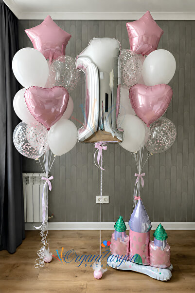 Organizasyon Pazarı Gümüş Rakam 1 Yaş Balon Seti Beyaz Balon Pembe Kalp Yıldı...