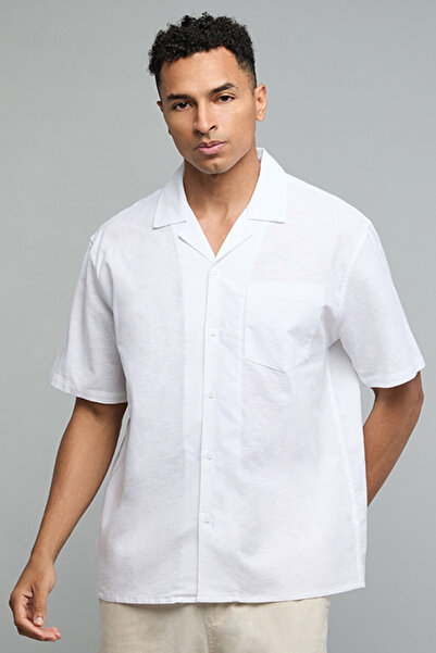 R&B Textured Shirt with Revere Collar and Short Sleeves