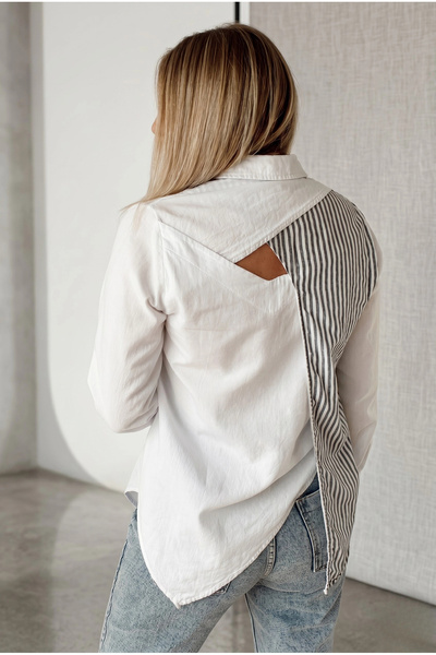 MetuCA Women's White Striped Panel Detailed Cotton Oversize Shirt with Low Ba...