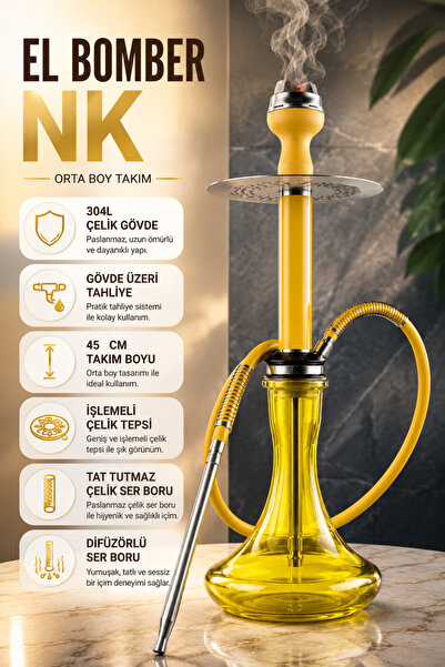 perfectmegastore El Bomber NK Nargile Takımı 45 cm Orta Boy 304L Paslanmaz Çe...