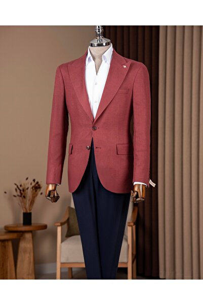 TerziAdemAltun Slim Fit Men's Pointed Collar Linen Single Jacket Burgundy T20...