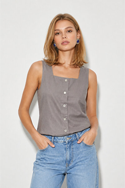 VENA Buttoned Front Linen Blouse-Grey