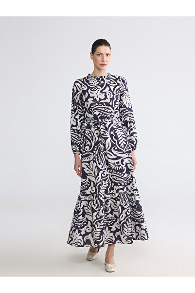 LC Waikiki Lcw Everyday Navy Blue Ruffled High Neck Patterned Dress