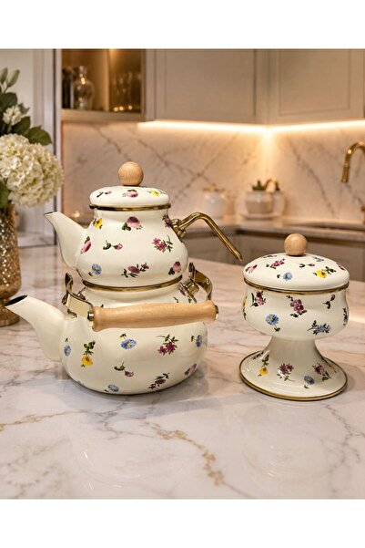 Santara Acar Petit Fleur Enameled Gold-Detail Teapot and Sugar Bowl with Stan...