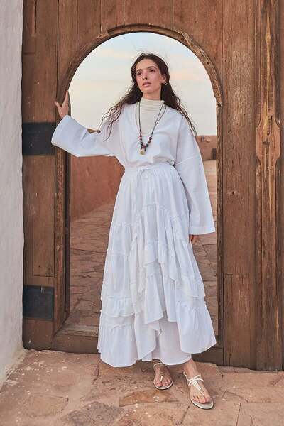 Ceylan Otantik White Organic Linen Layered Skirt
