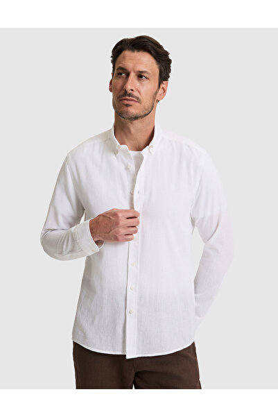 Pierre Cardin White Linen Blend Regular Fit Long Sleeve Shirt 50325356-Vr013