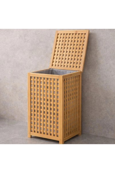 shopwave KALIN AHŞAP BAMBU KİRLİ ÇAMAŞIR SEPETİ KUMAŞ ÇANTALI SEPET=40X40X58C...