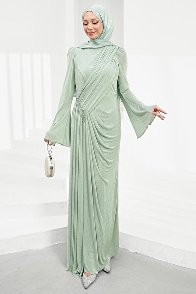 İmajButik Mint Green Waist Gathered Stoned Evening Dress
