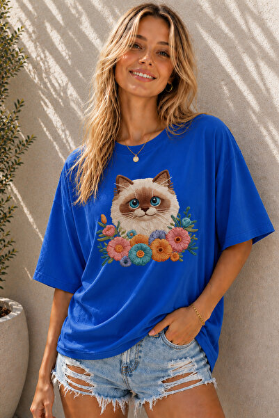 ArtYus Tricou oversize unisex cu imprimeu cu pisici și flori – Tricou casual ...