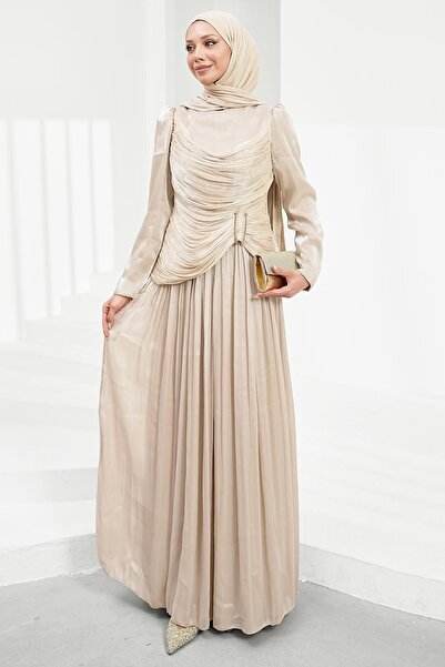 İmajButik Stone Front Gathered Pleated Evening Dress