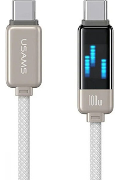 Usams Πλεκτό Καλώδιο USB 2.0 LED USB-C Αρσενικό σε USB-C 100W PD Λευκό 1.2μ