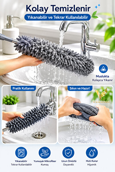 VİSLUNA Profesyonel 3’lü Full Set Manyetik Anti-Statik Toz Alma Mopu Bükülebilen Mikrofiber Toz Alıcı