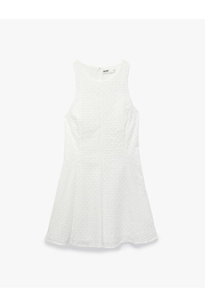 Koton Pamuklu Kolsuz Fisto Brodeli Halter Yaka Mini Elbise