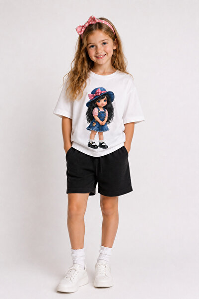 VODEXA Set de tricou și pantaloni scurți pentru fete, 100% bumbac, de vară, c...