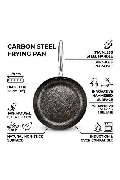 Oti OTI Carbon Steel Frying Pan, Diameter 28 cm, Innovative Hammered Surface,...