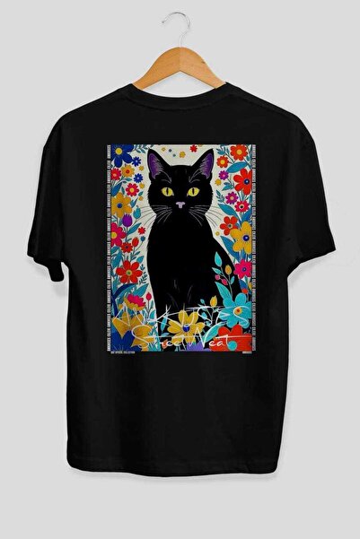 Ankhises 98 Cats for Cat Lovers Printed Black Oversize T-Shirt 100% Cotton Un...