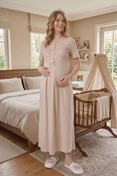 Lohussa New Season Beige Shawl Collar Patterned Design with Breastfeeding Feature 100% Cotton Full Length Maternity Pajamas Nightgown Set