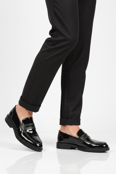 Aspor Black Patent Leather Genuine Leather Men's Casual Shoes