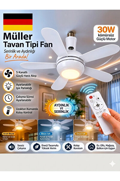 Pro Müller Alman Kömürsüz Sessiz Motor Tavan Tipi 3 Renk Aydınlatmalı Fan Van...