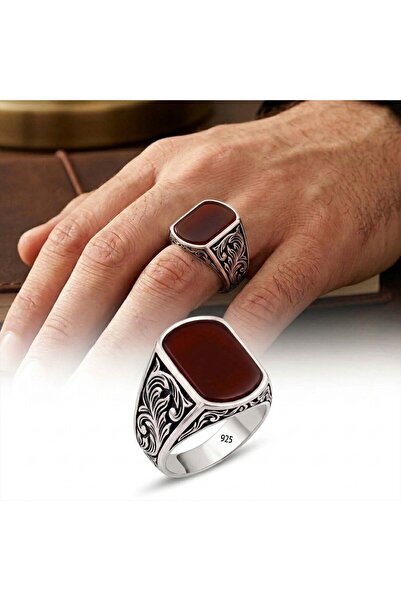 Argento Silver Gümüş Yüzük 925 Ayar Kırmızı Akik Taşlı