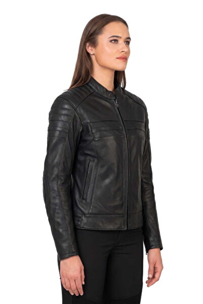 The Biker Jeans Retro Black Korumalı Motosiklet Deri Montu Kadın