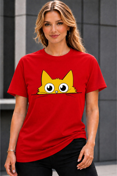 VODEXA Unisex Oversize T-Shirt Red Cat Printed 100% Cotton T-Shirt Comfortabl...