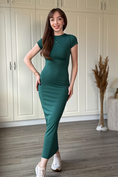 Dilay Gökoğlu Butik Diver Fabric Short Sleeve Midi Green Dress