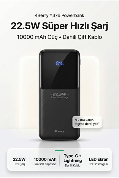 4 Berry 4Berry Y376 10000mAh 22.5W Süper Hızlı Şarj Type-C ve Lightning Kablo...