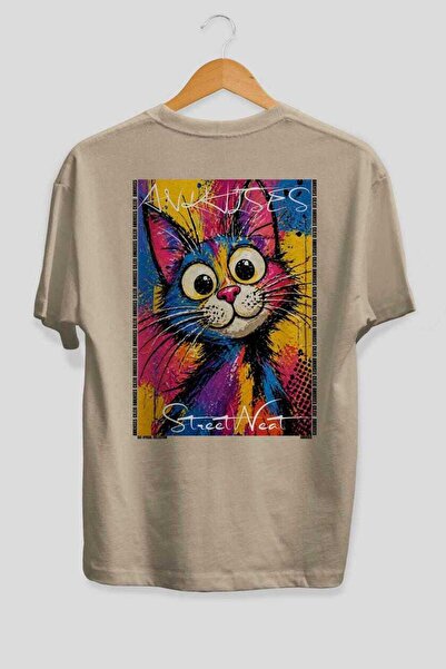 Ankhises 41 Cats for the Sake of Cat Love Printed Beige Oversize T-Shirt 100%...