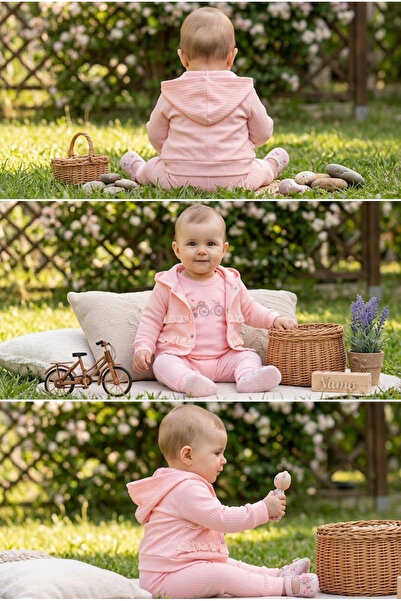 meyastore Hooded Lace Detailed Baby Girl 3-Piece Set