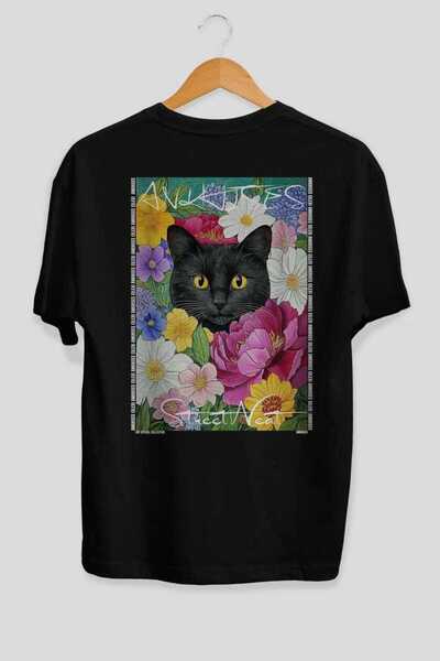 Ankhises For the Love of Cats 109 Cat Printed Black Oversize T-Shirt 100% Cot...