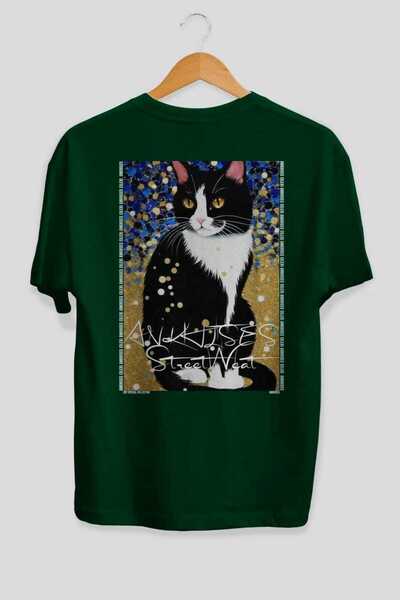 Ankhises For the Love of Cats 94 Cat Printed Green Oversize T-Shirt 100% Cott...