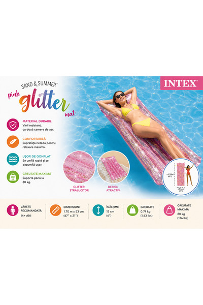 Intex Saltea Gonflabilă Pink Glitter 58720EU, Roz cu Sclipici, 170 x 53 cm, M...